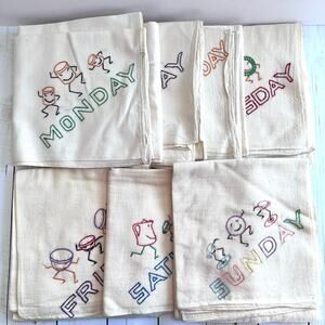 VTG Embroidered Days of Week Flour Sack Towel Set of 7 Anthropomorphic Kitchen